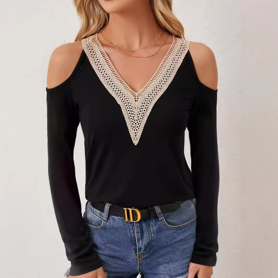 Damen nan Langarmshirt mit offenen Schultern und gehäkeltem V-Spitzenbesatz Drune