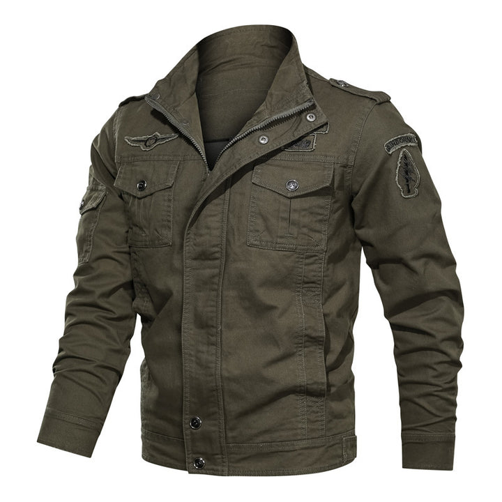Herren Military-Canvas Fieldjacke mit Stehkragen Schulterklappen und Multifunktions-Taschen Drune