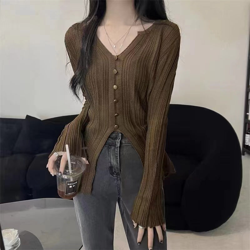 Damen eleganter V-Ausschnitt Pullover mit Knopfdetail und lässigen Ärmeln Drune