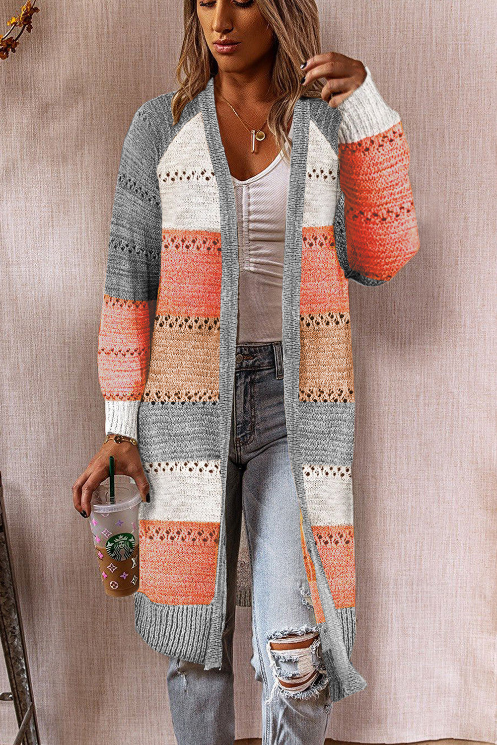 Damen Strickjacke mit modischem Farbblockdesign und luftigen Häkelstrickdetails Drune