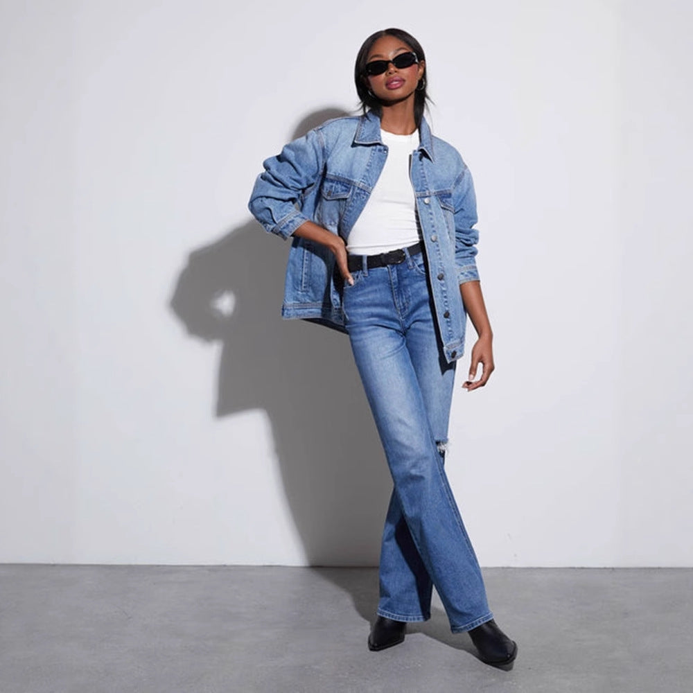 Damen Oversized Denimjacke im lässigen Schnitt mit aufgesetzten Taschen Drune