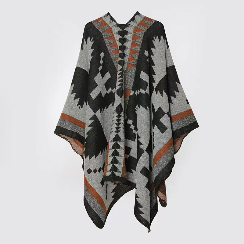 Damen Oversize-Capeponcho im Azteken-Jacquard aus weichem Wollmix mit asymmetrischem Zipfelsaum Drune