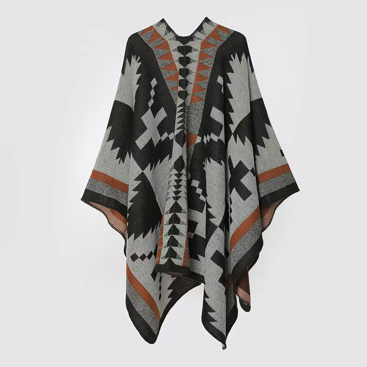 Damen Oversize-Capeponcho im Azteken-Jacquard aus weichem Wollmix mit asymmetrischem Zipfelsaum Drune