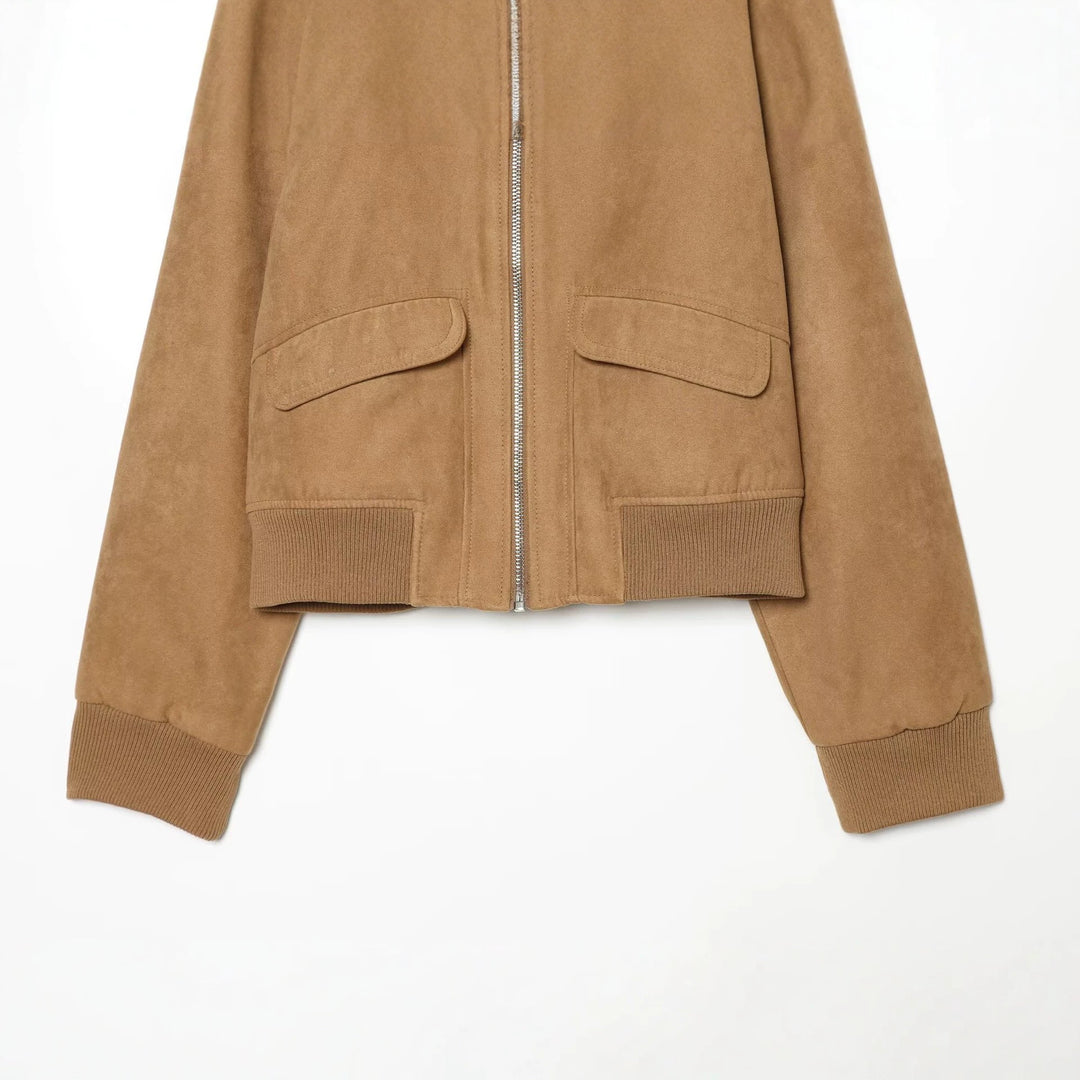 Damen Kurzjacke in Wildlederoptik Bomber mit Reißverschluss, Pattentaschen und Rippbündchen Drune