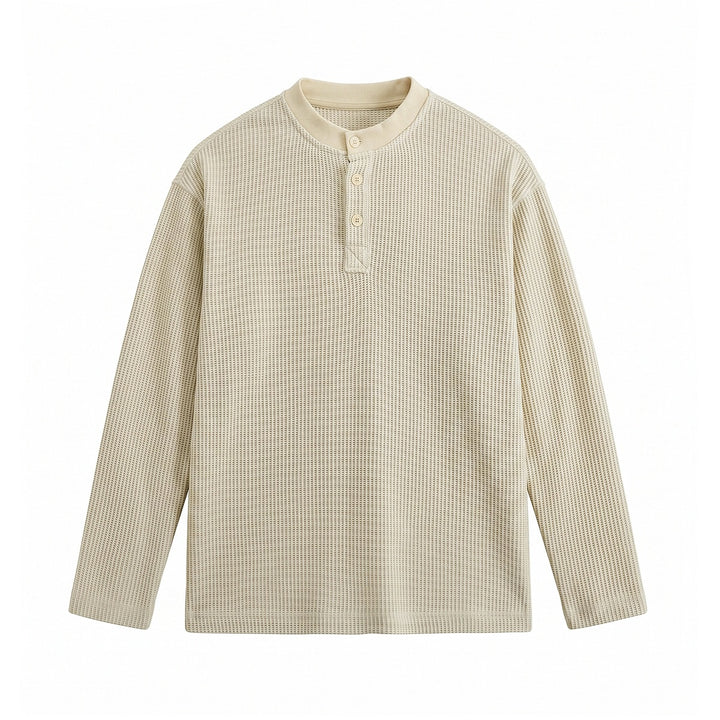 Herren Waffelstrick-Henley Langarmshirt mit Knopfleiste und entspannter Passform Drune