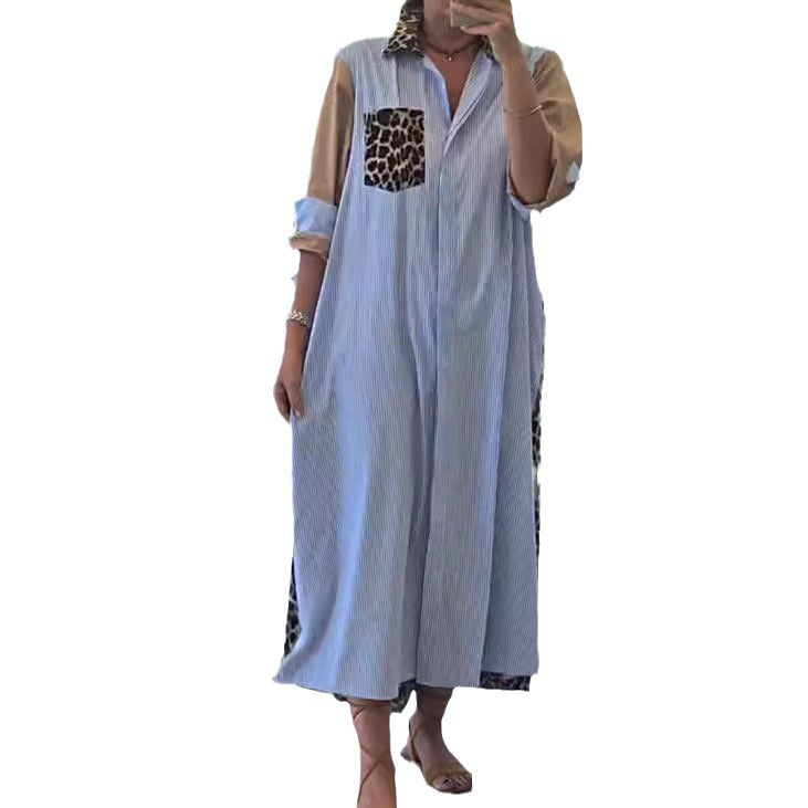 Damen nan Hemdblusenkleid im Printmix mit Leoprint-Seiteneinsätzen, Nadelstreifen-Passe und aufkrempelbaren Ärmeln Drune