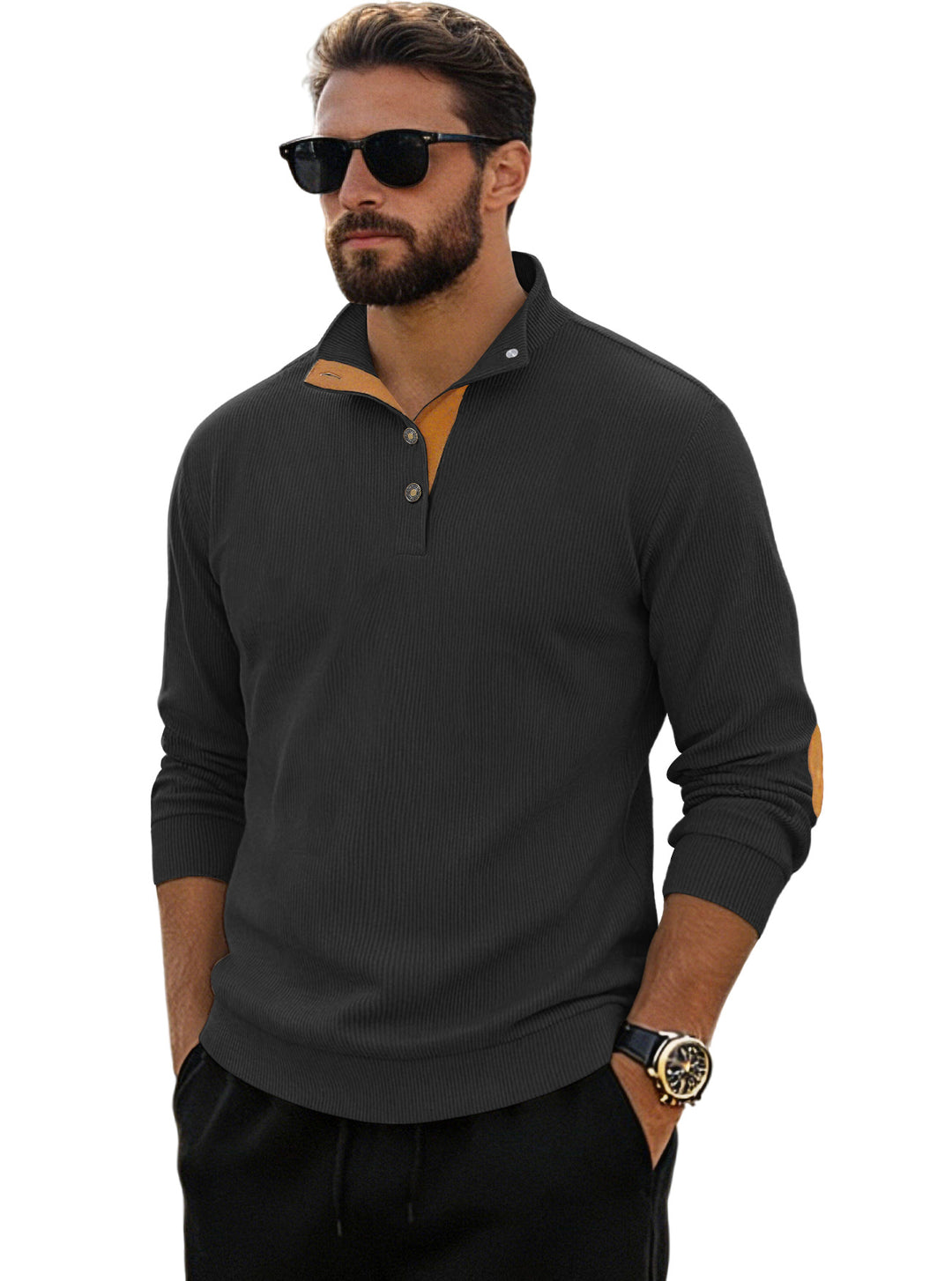 Herren nan fein gerippter Strickpullover mit Polokragen Knopfleiste und Ellenbogenbesatz Drune