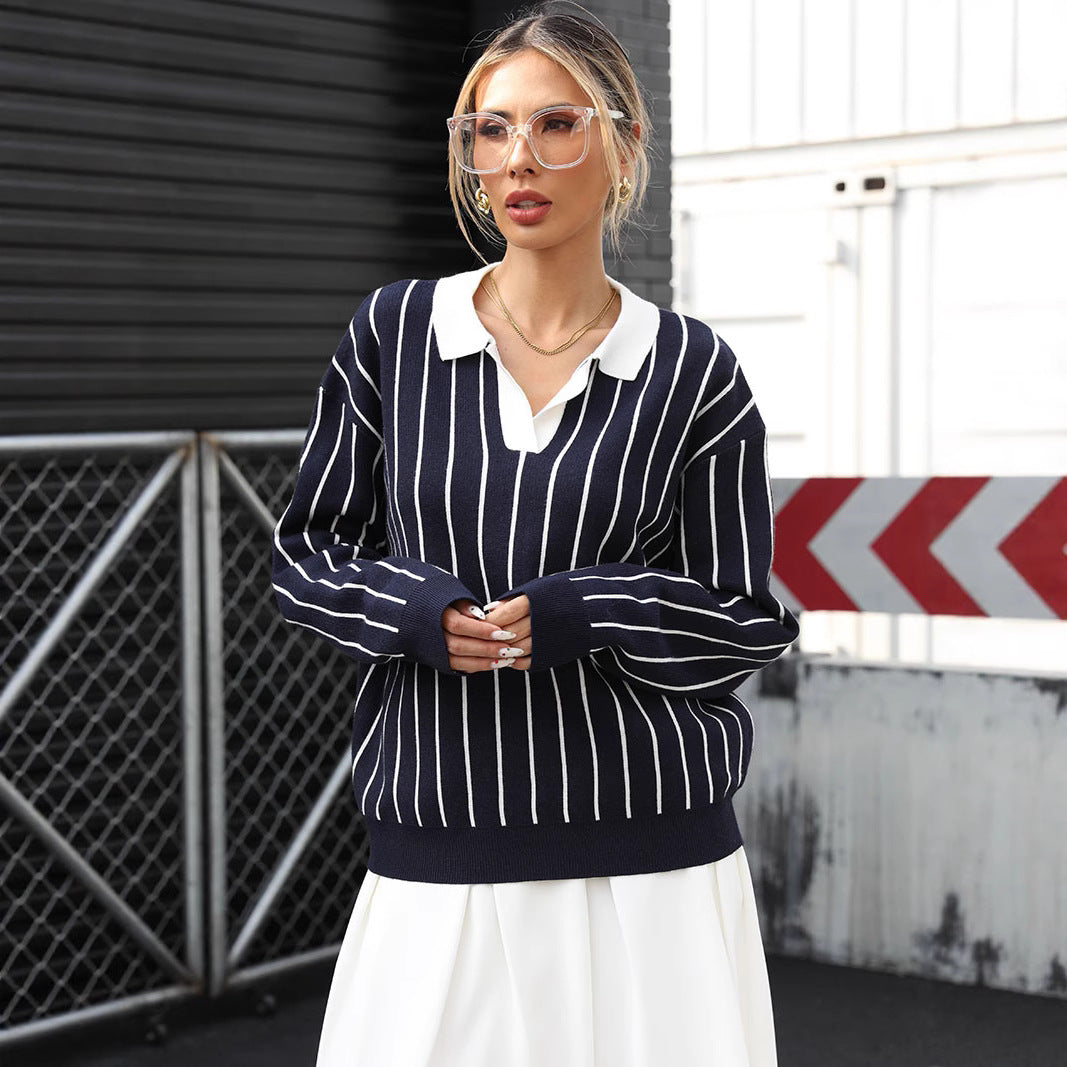 Damen Modischer Strickpullover mit Polo-Kragen und gestreiftem Design Drune