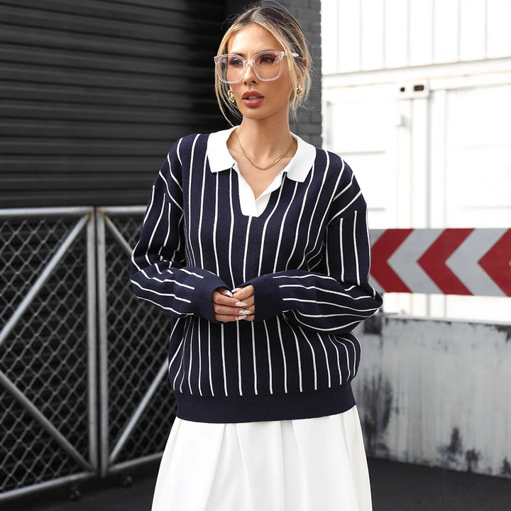 Damen Modischer Strickpullover mit Polo-Kragen und gestreiftem Design Drune