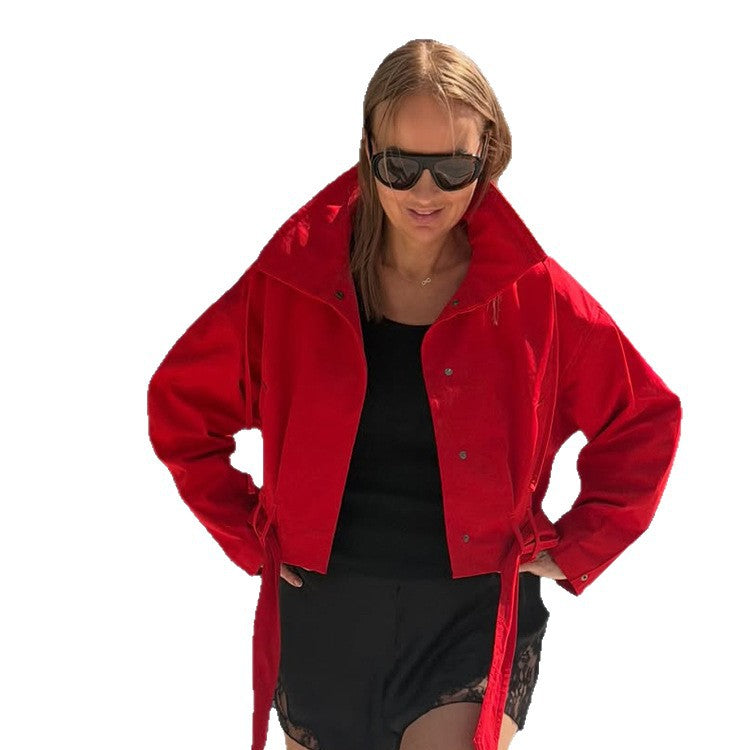 Damen Oversize Kurzjacke mit Taillengürtel und Hemdkragen Drune