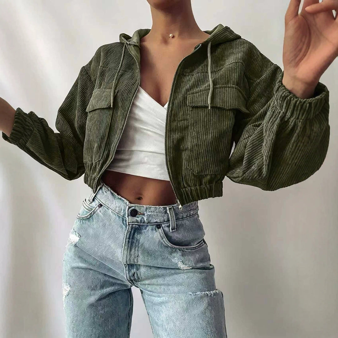 Damen Kurzjacke aus Cord mit Kapuze, Reißverschluss und aufgesetzten Brusttaschen Drune