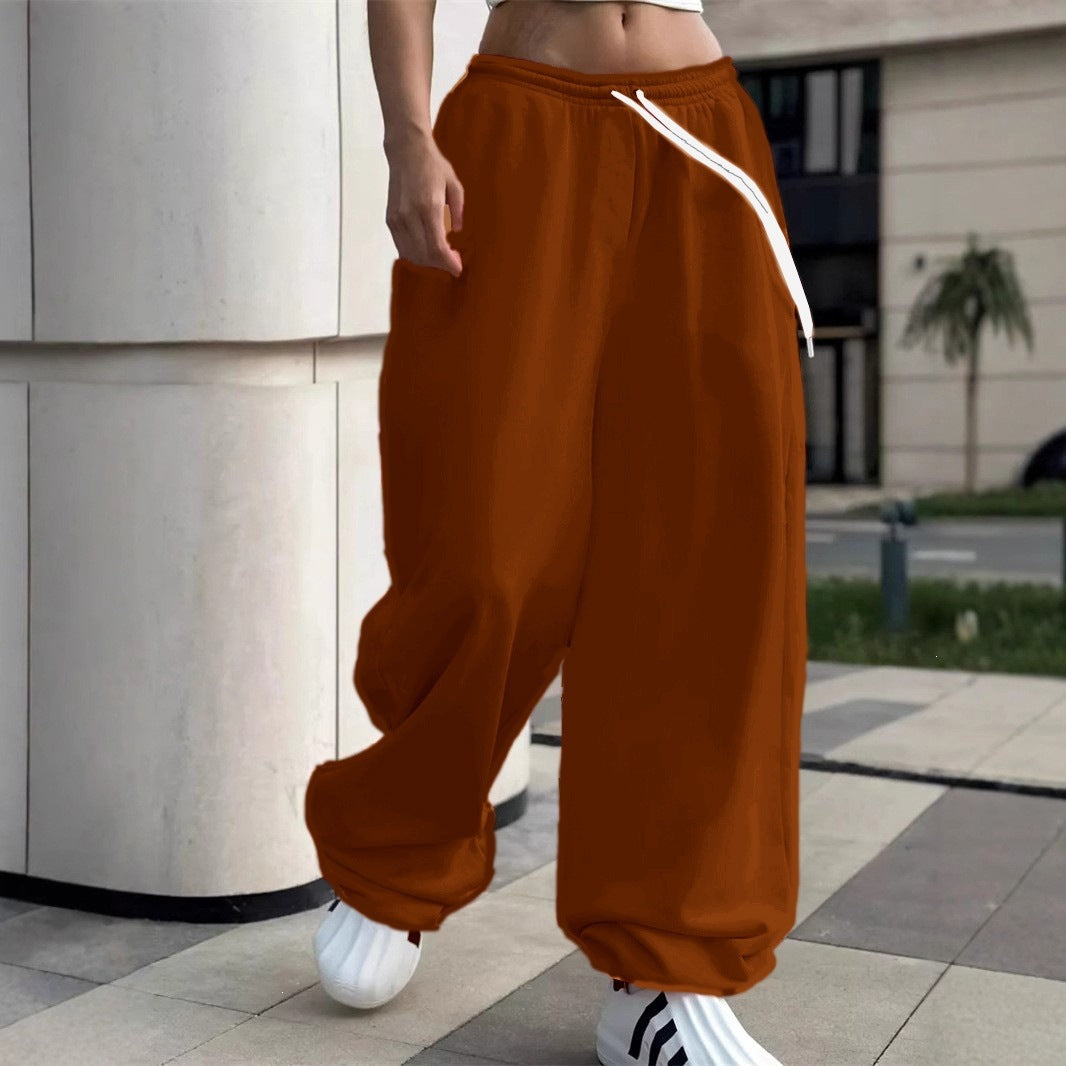 Damen nan weite Baggy-Jogginghose mit hohem Komfortbund, Kordelzug und elastischen Knöchelbündchen Drune