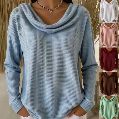 Damen Lässiger Waffelstrick-Pullover mit weitem Wasserfallkragen und gerundetem Saum Drune