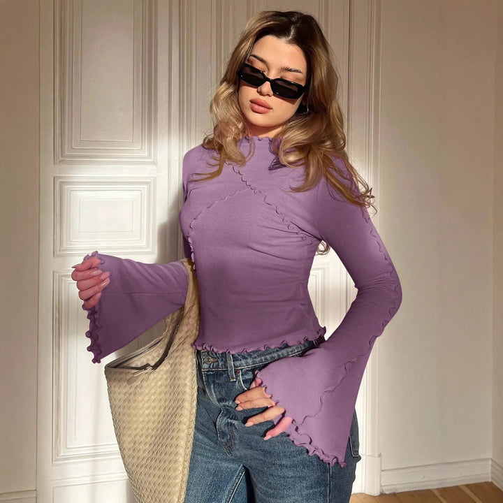 Damen Geripptes Langarmshirt mit Rüschen-Saum und Stehkragen Drune