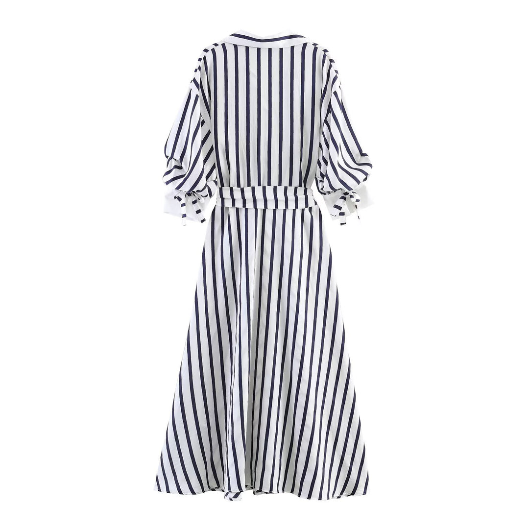 Damen Midi-Hemdblusenkleid mit diagonalen Streifen, tailliertem Bindegürtel und Ballonärmeln Drune