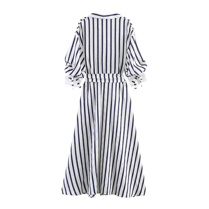 Damen Midi-Hemdblusenkleid mit diagonalen Streifen, tailliertem Bindegürtel und Ballonärmeln Drune