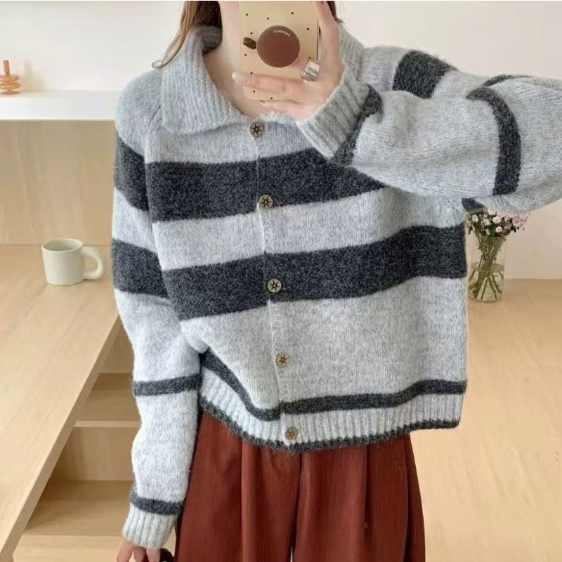 Damen kuschelige Strickjacke mit kontrastierenden Streifen und weich gestricktem Material Drune