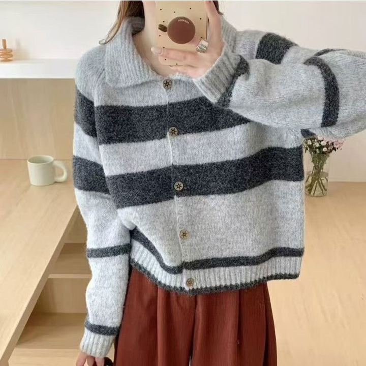 Damen kuschelige Strickjacke mit kontrastierenden Streifen und weich gestricktem Material Drune