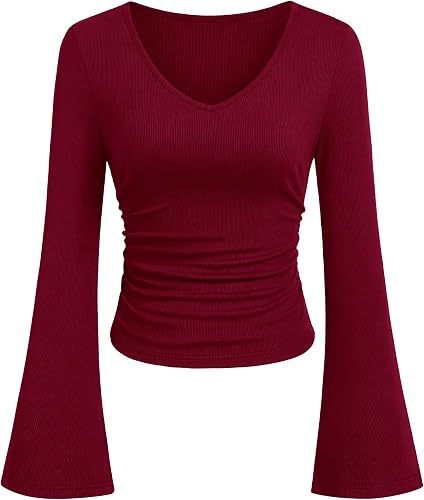 Damen Geripptes Cropped-Top mit V-Ausschnitt, taillierter Raffung und ausgestellten Trompetenärmeln Drune