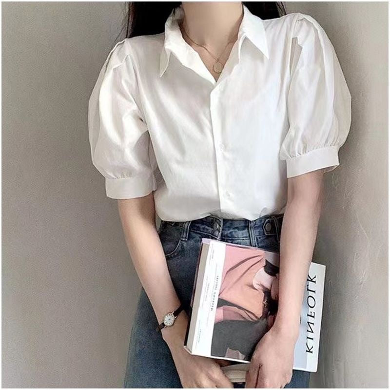 Damen Bluse mit Puffärmeln und klassischem Kragen Drune