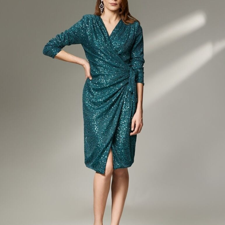 Damen Glamouröses Pailletten-Kleid mit Wickeloptik und langen Ärmeln Drune