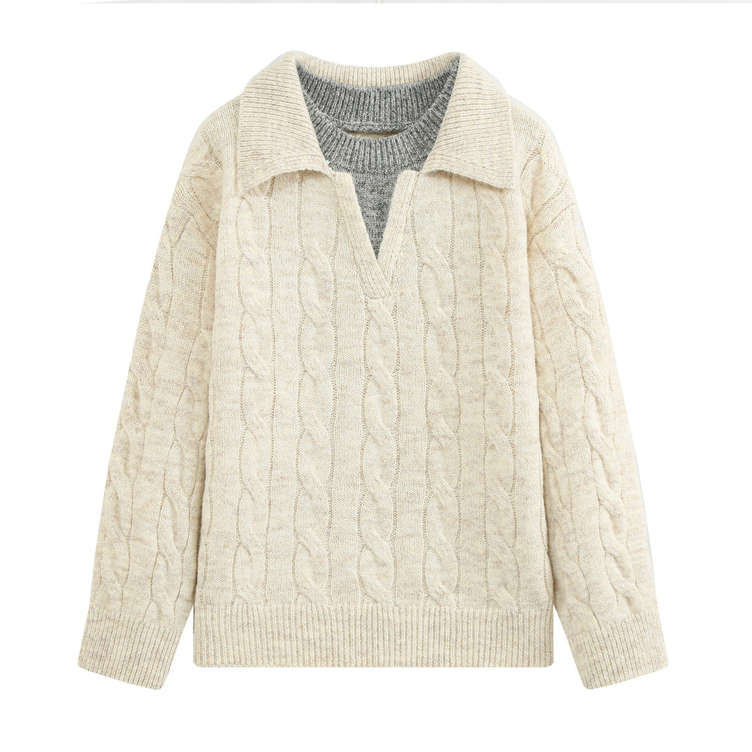 Damen Oversize Zopfstrickpullover mit weitem Umlegekragen und innerem Rippkragen Drune