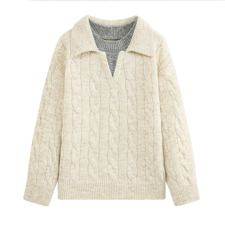 Damen Oversize Zopfstrickpullover mit weitem Umlegekragen und innerem Rippkragen Drune