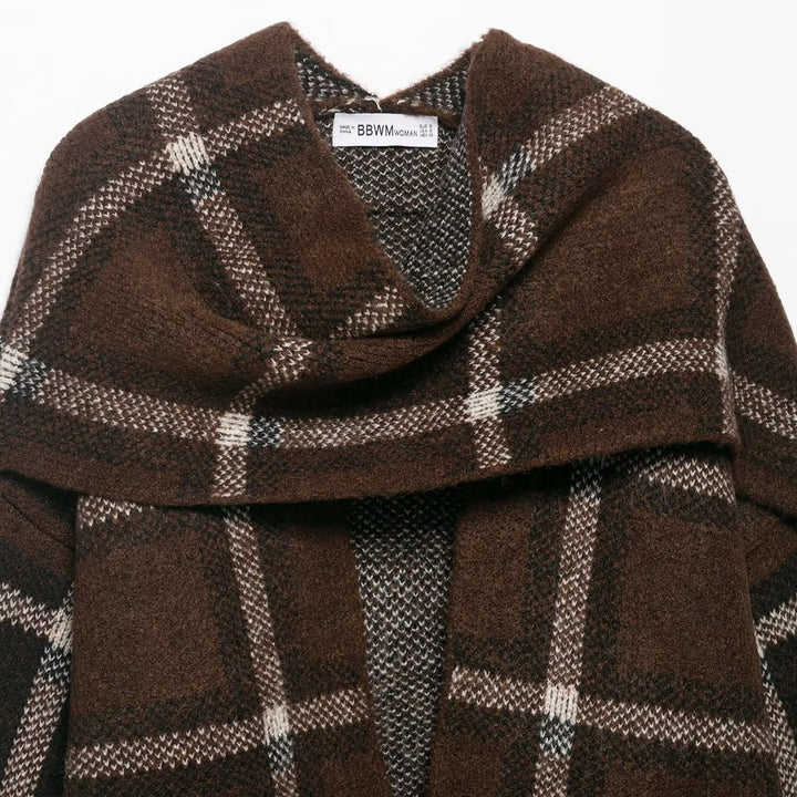 Damen eleganter Oversized Cardigan mit Karomuster und praktischen Taschen Drune
