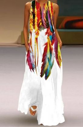Damen Maxikleid mit bunten Federdruck Drune