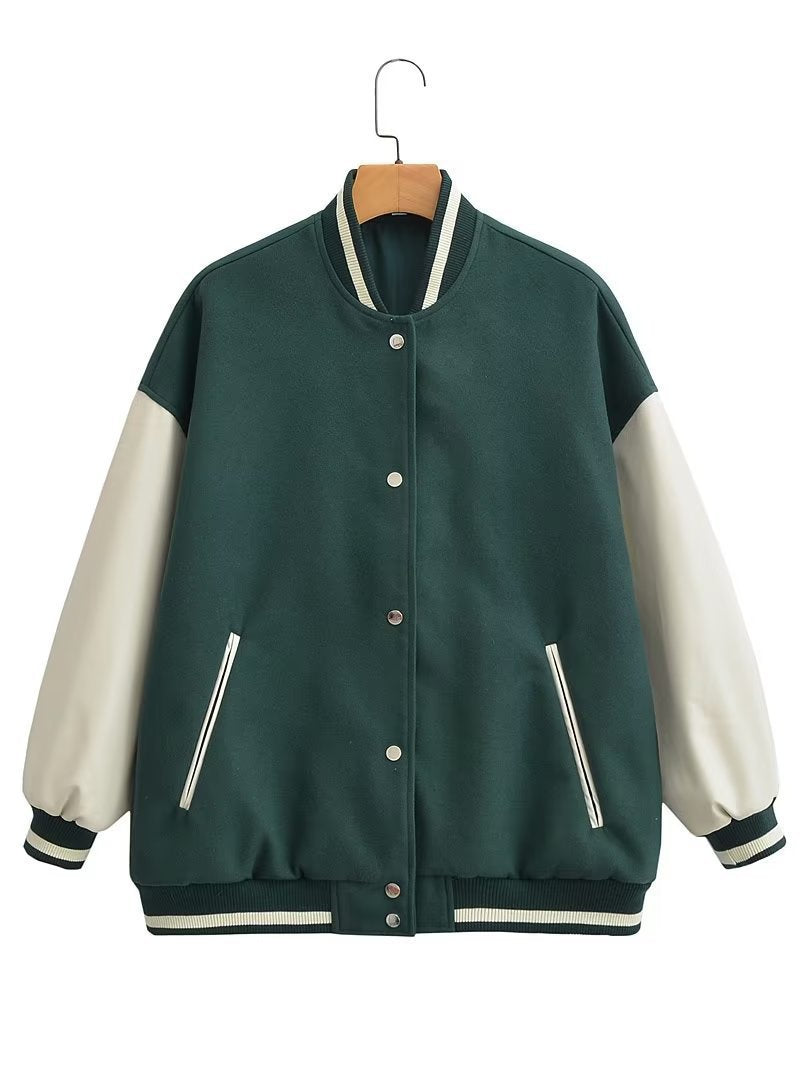 Damen Lässige Collegejacke mit kontrastierenden Ärmelakzenten und praktischen Taschen Drune