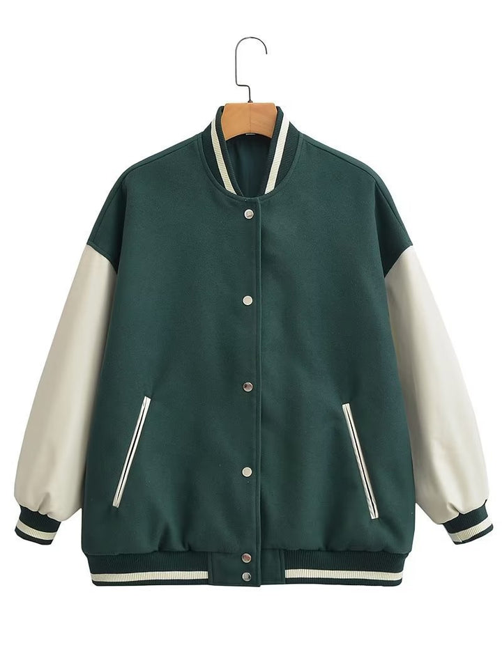 Damen Lässige Collegejacke mit kontrastierenden Ärmelakzenten und praktischen Taschen Drune