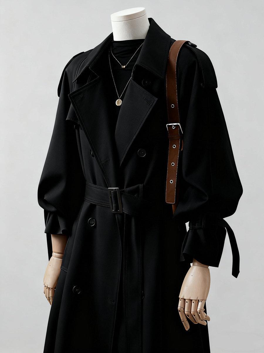 Damen Trenchcoat mit Ballonärmeln, doppelreihiger Schnitt und Taillengürtel Drune