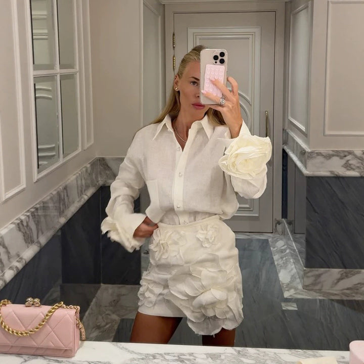 Damen Hemdblusen-Minirock-Set mit voluminösen 3D-Rosenapplikationen und Perlendetails Drune