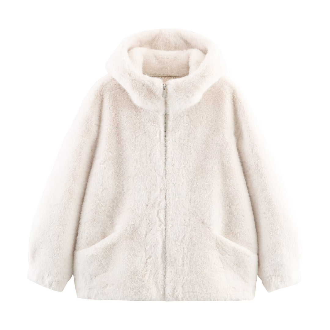 Damen Weiche und luxuriöse Jacke aus Kunstpelz mit Kapuze und praktischen Taschen Drune