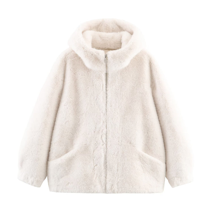 Damen Weiche und luxuriöse Jacke aus Kunstpelz mit Kapuze und praktischen Taschen Drune