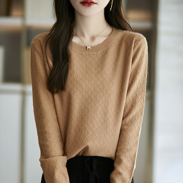 Damen Lässiger Feinstrickpullover mit dezentem Rautenmuster und gerippten Bündchen Drune