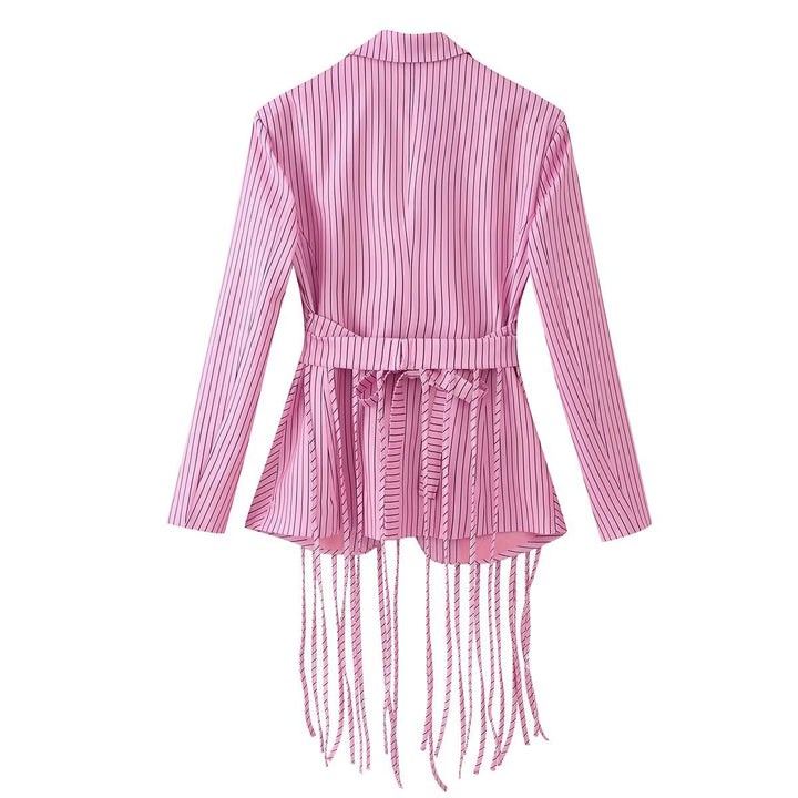 Damen 20+ taillierter Blazer mit Fransen-Detail und Nadelstreifen Drune