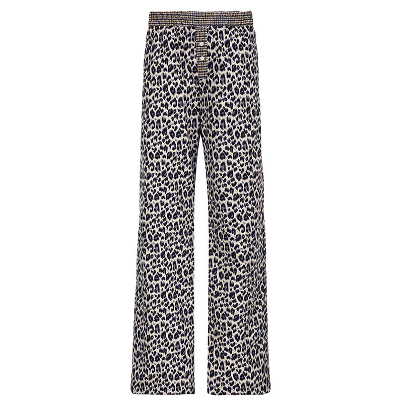 Damen Locker geschnittene Palazzohose mit Smokbund, Tunnelzug und Leopardenmuster Drune
