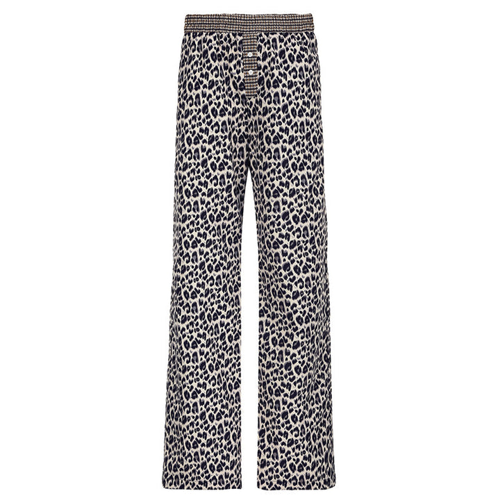 Damen Locker geschnittene Palazzohose mit Smokbund, Tunnelzug und Leopardenmuster Drune