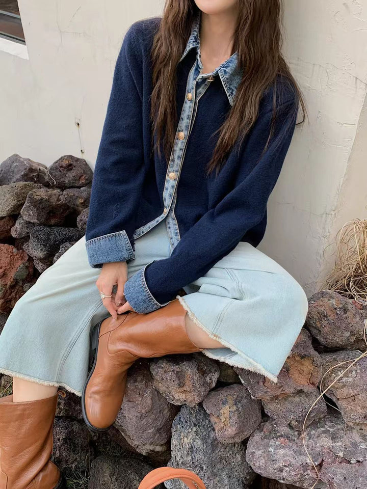 Damen lässiges Overshirt mit ausgefallenem Denim-Kragen und Knopfdetails Drune