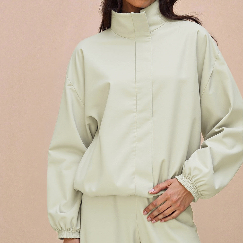 Damen Oversize-Trainingsset mit Stehkragen Ballonärmeln und weiten Kordelhosen Drune