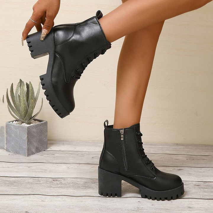 Damen High-Top Stiefeletten mit robustem Blockabsatz und Schnürung Drune