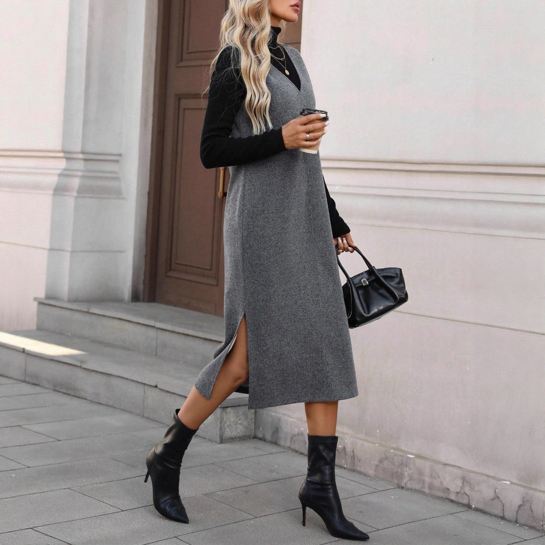Damen Ärmelloses Wollmix-Midikleid mit tiefem V‑Ausschnitt und geradem Schnitt Drune