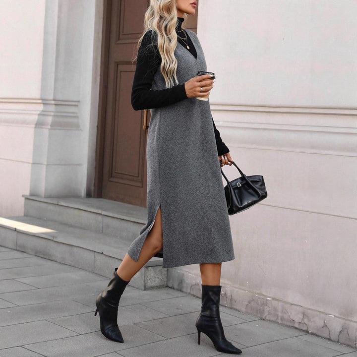 Damen Ärmelloses Wollmix-Midikleid mit tiefem V‑Ausschnitt und geradem Schnitt Drune