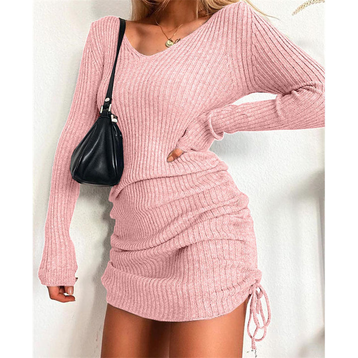 Damen Figurbetontes Rippstrick-Minikleid mit langen Ärmeln und seitlicher Raffung Drune