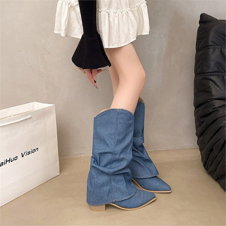 Damen Slouchy Cowboy‑Stiefel aus Denim mit spitzer Zehenform und niedrigem Blockabsatz Drune