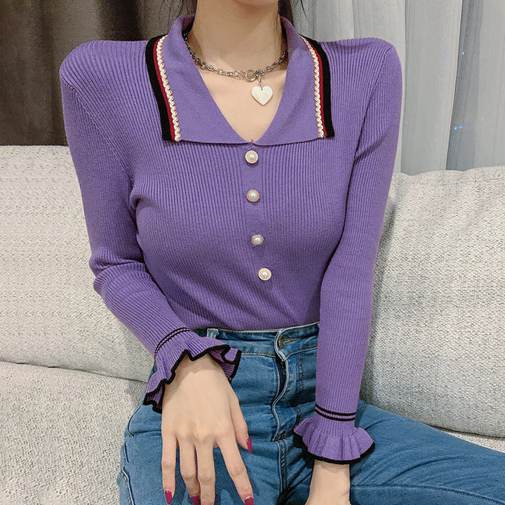 Damen Elegantes Strickoberteil mit modischem Kragen Drune