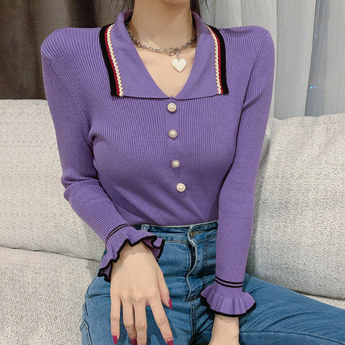 Damen Elegantes Strickoberteil mit modischem Kragen Drune