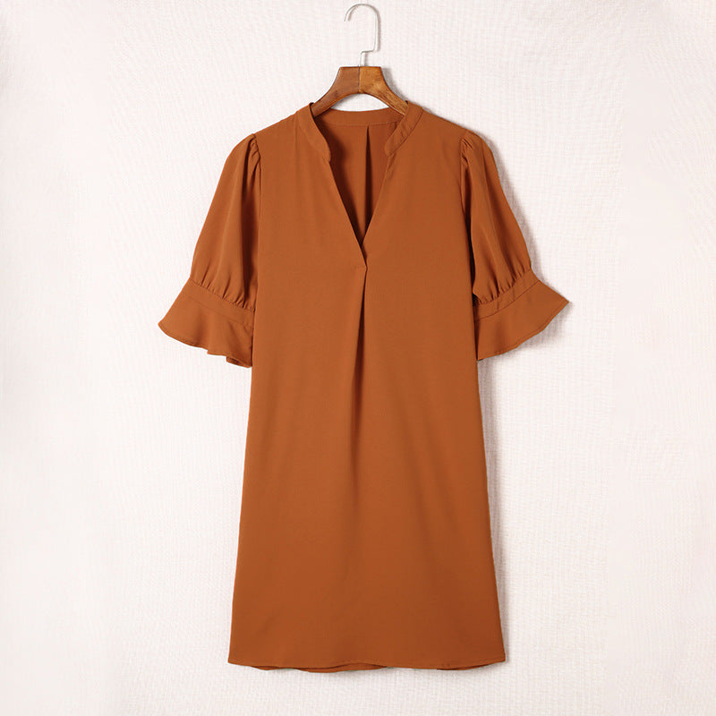 Damen elegantes Minikleid mit vorteilhaftem V-Ausschnitt und puffartigen Ärmeln Drune