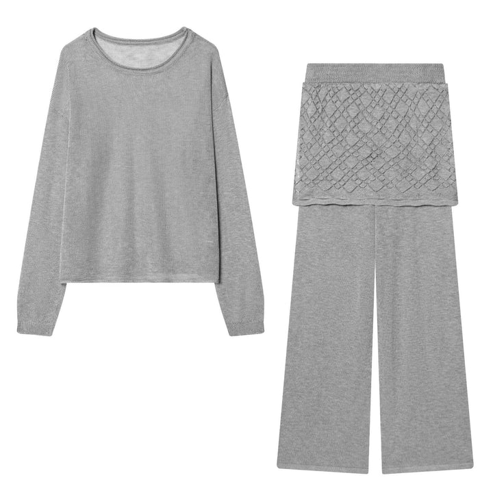 Damen Strick-Lounge-Set mit weitem Rundhals-Pullover und Highwaist-Schlaghose mit Spitzen-Detail Drune
